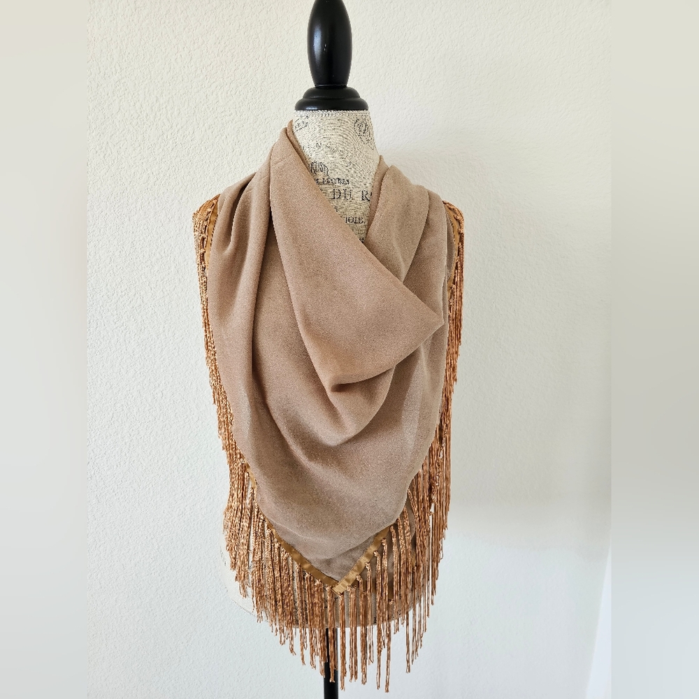 Cejon Accessories Tan Fringe Wrap Shawl Boho Evening Stole Neutral Oversized